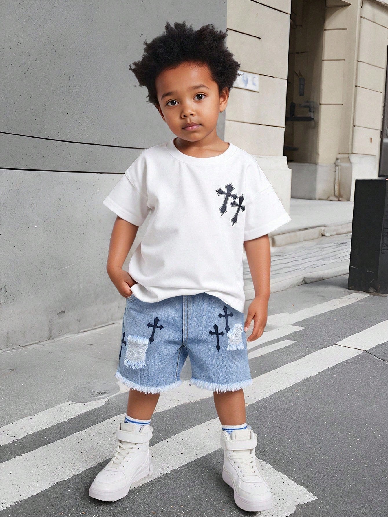 Boys Summer Two-Piece Set Black And White Blue Cross Print Short Sleeve T-Shirt Distressed Denim Shorts Personalized Gothic Alt Style Casual Vacation