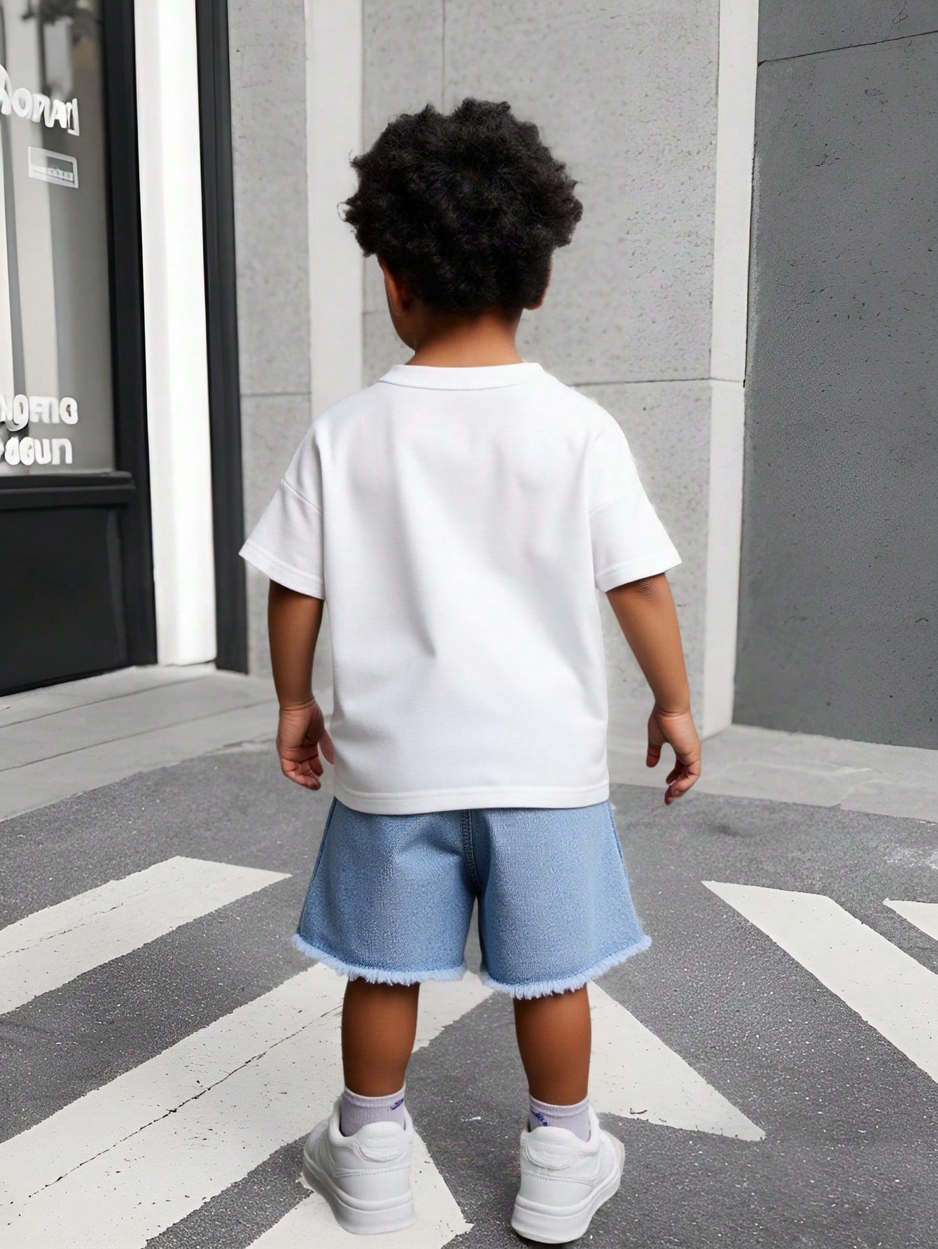 Boys Summer Two-Piece Set Black And White Blue Cross Print Short Sleeve T-Shirt Distressed Denim Shorts Personalized Gothic Alt Style Casual Vacation