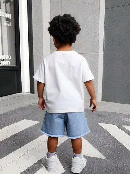 Boys Summer Two-Piece Set Black And White Blue Cross Print Short Sleeve T-Shirt Distressed Denim Shorts Personalized Gothic Alt Style Casual Vacation