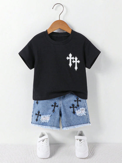 Boys Summer Two-Piece Set Black And White Blue Cross Print Short Sleeve T-Shirt Distressed Denim Shorts Personalized Gothic Alt Style Casual Vacation