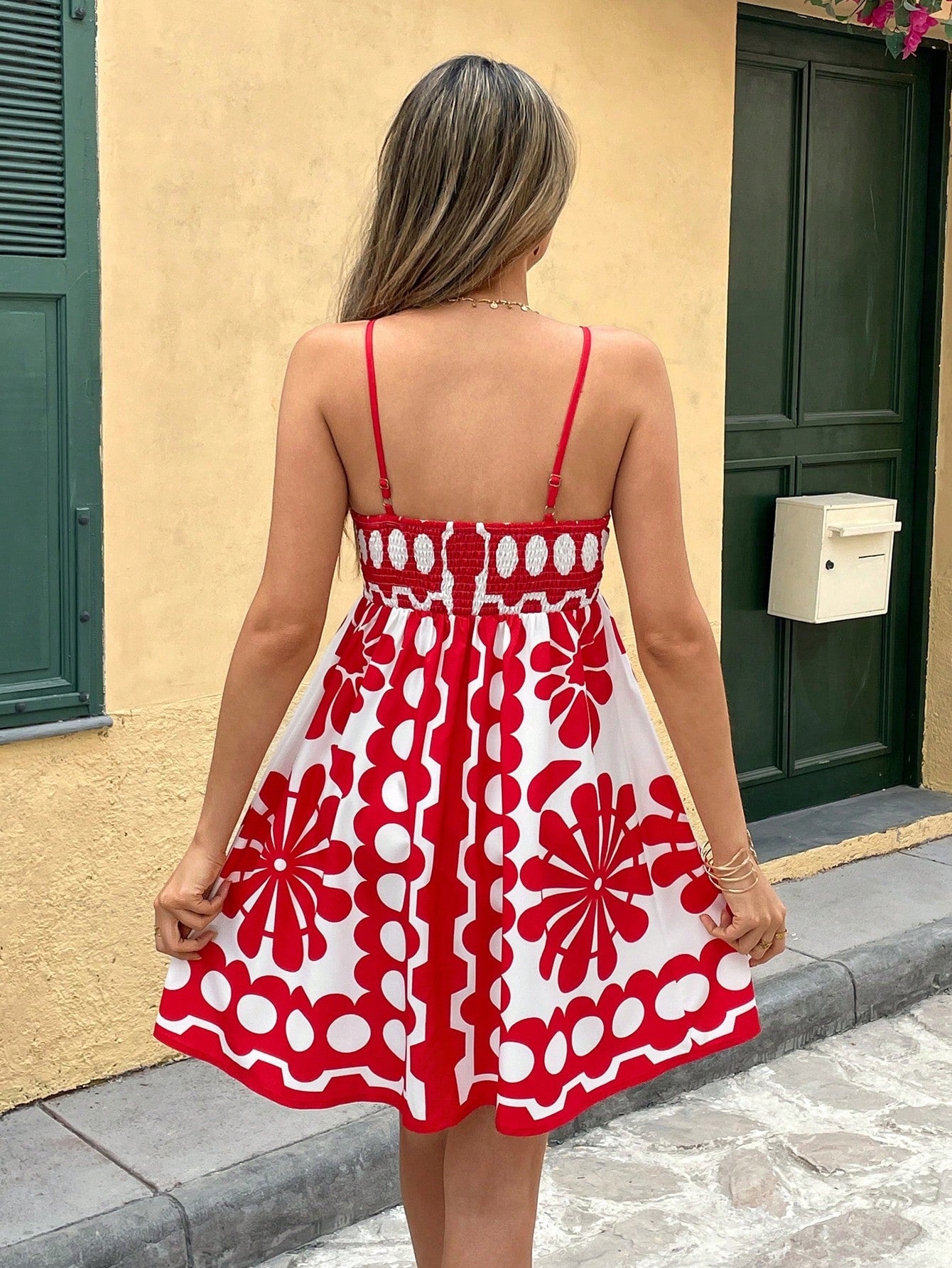 Breezaya Fashionable Vacation Style V-Neck Polka Dot Print Cinched Waist Dress