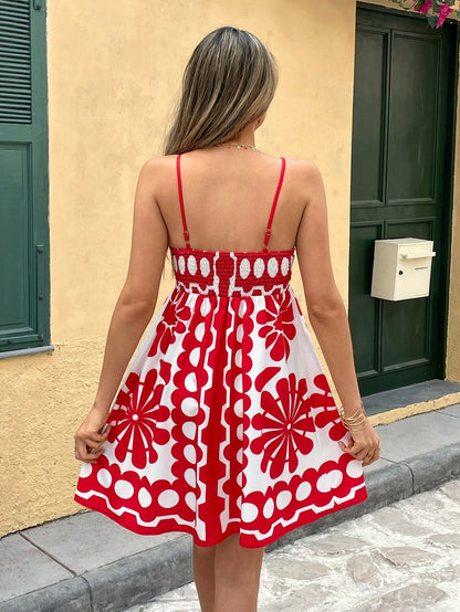 Breezaya Fashionable Vacation Style V-Neck Polka Dot Print Cinched Waist Dress