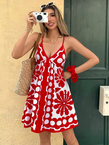 Breezaya Fashionable Vacation Style V-Neck Polka Dot Print Cinched Waist Dress