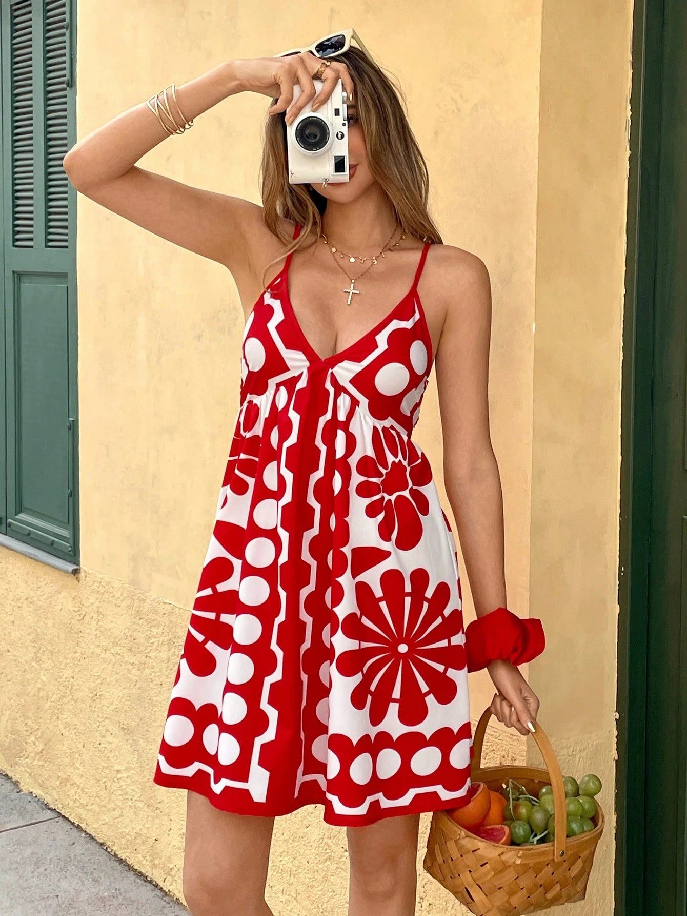 Breezaya Fashionable Vacation Style V-Neck Polka Dot Print Cinched Waist Dress