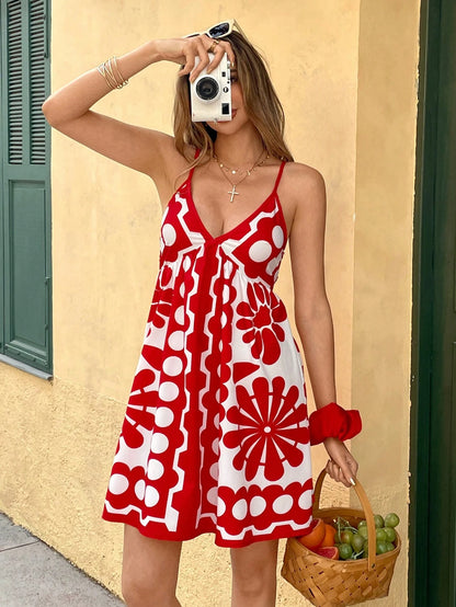 Breezaya Fashionable Vacation Style V-Neck Polka Dot Print Cinched Waist Dress