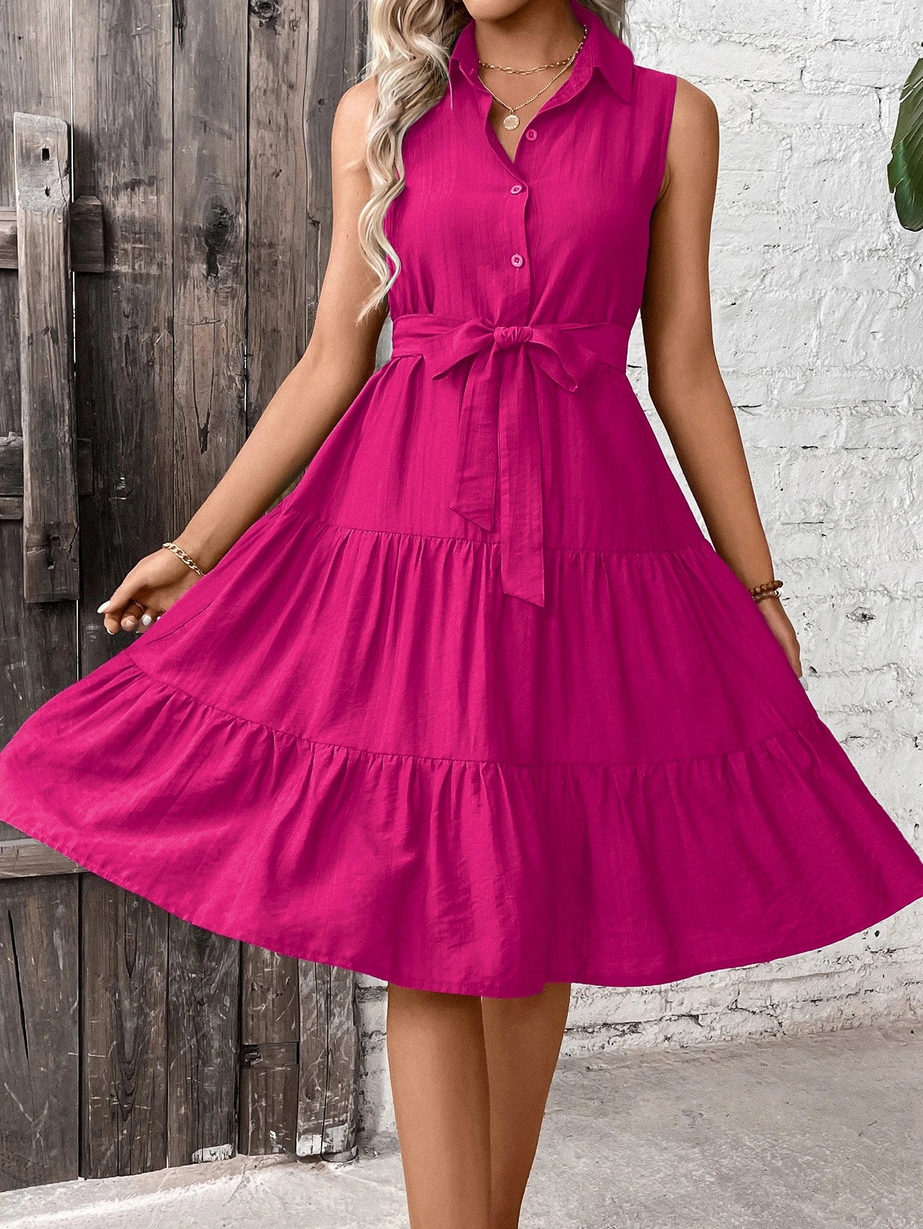 Breezaya Ruffle Hem Belted Shirt Dress Maxi Women Outfit
