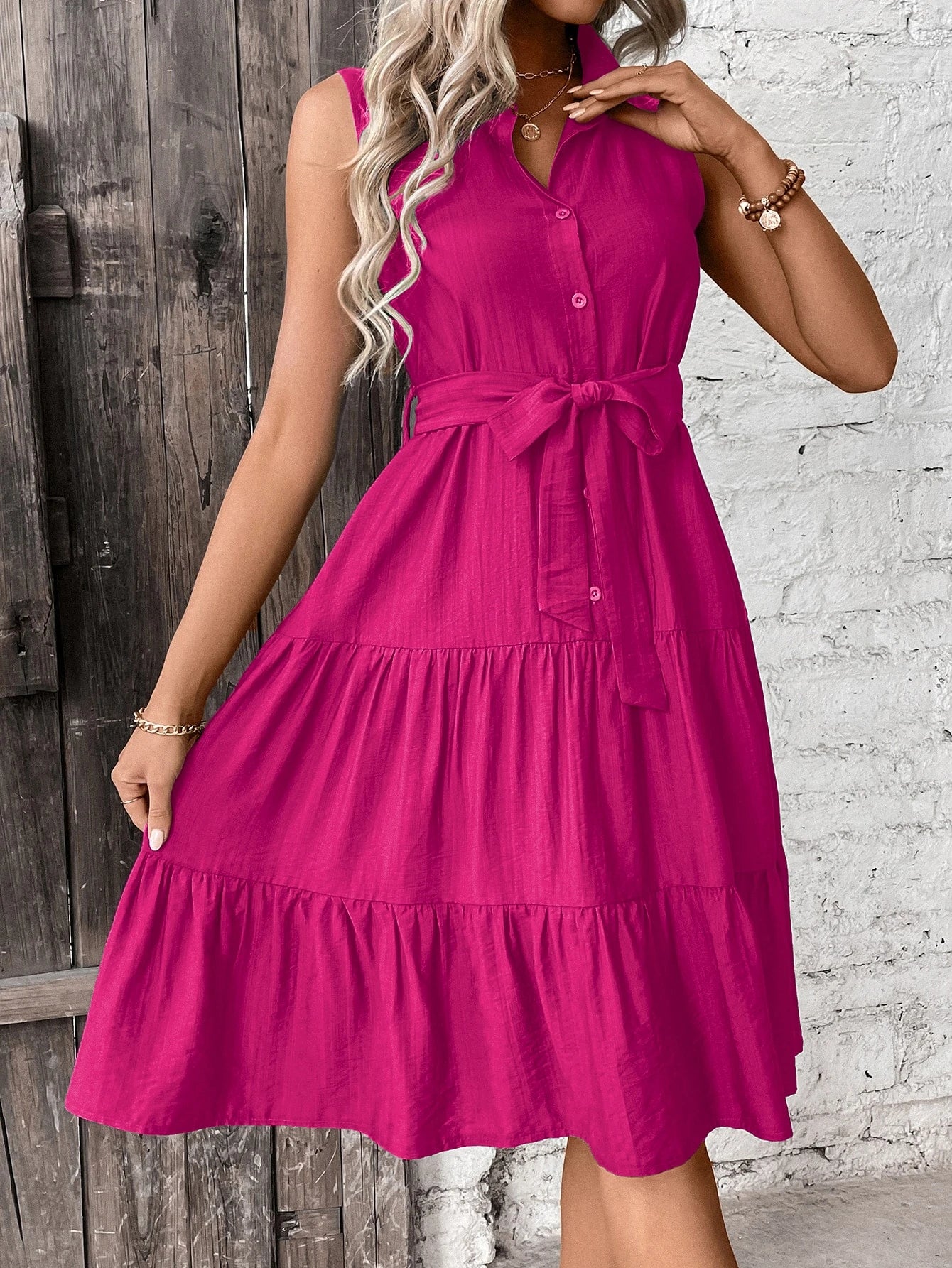 Breezaya Ruffle Hem Belted Shirt Dress Maxi Women Outfit
