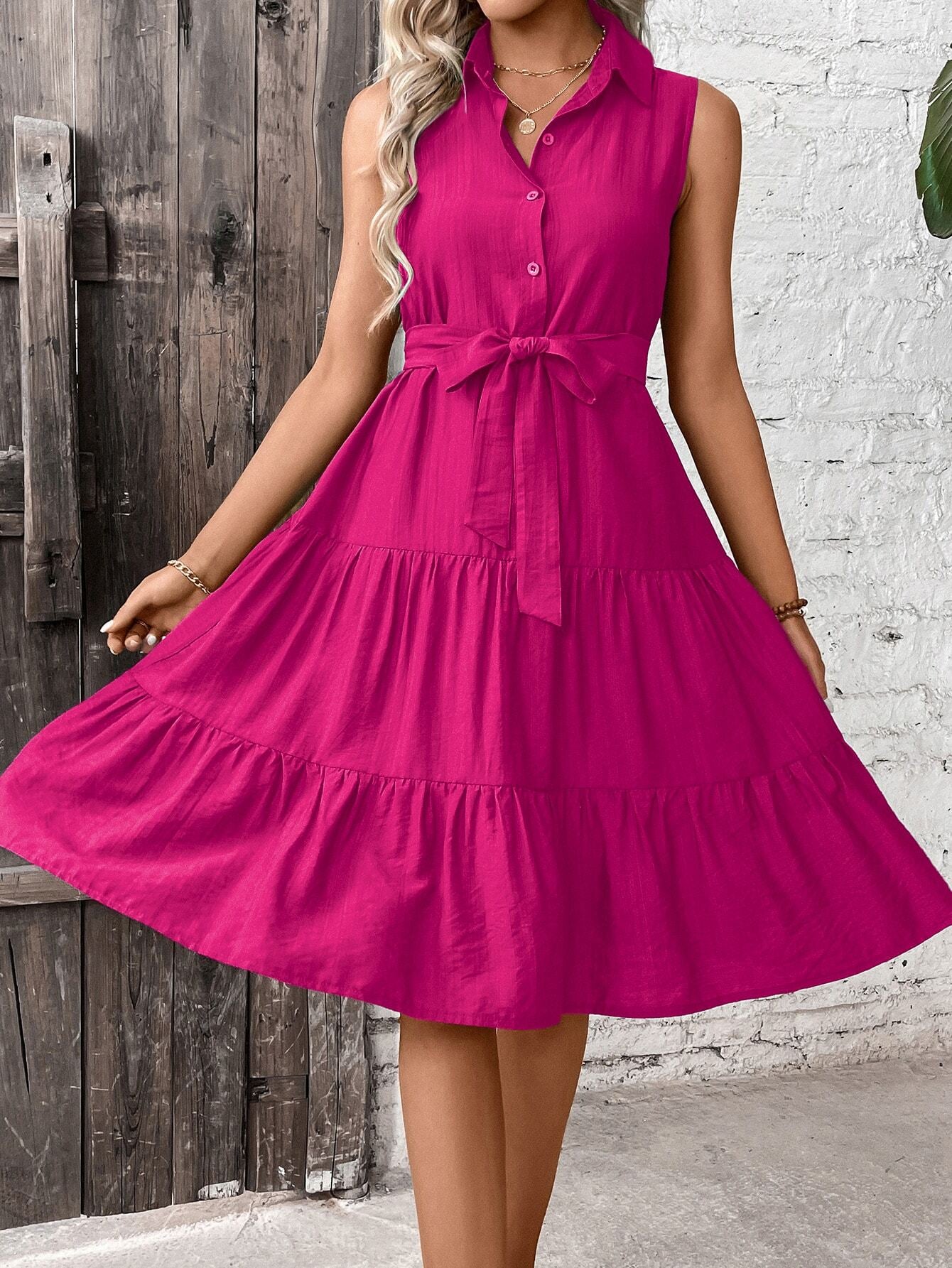 Breezaya Ruffle Hem Belted Shirt Dress Maxi Women Outfit