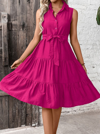 Breezaya Ruffle Hem Belted Shirt Dress Maxi Women Outfit