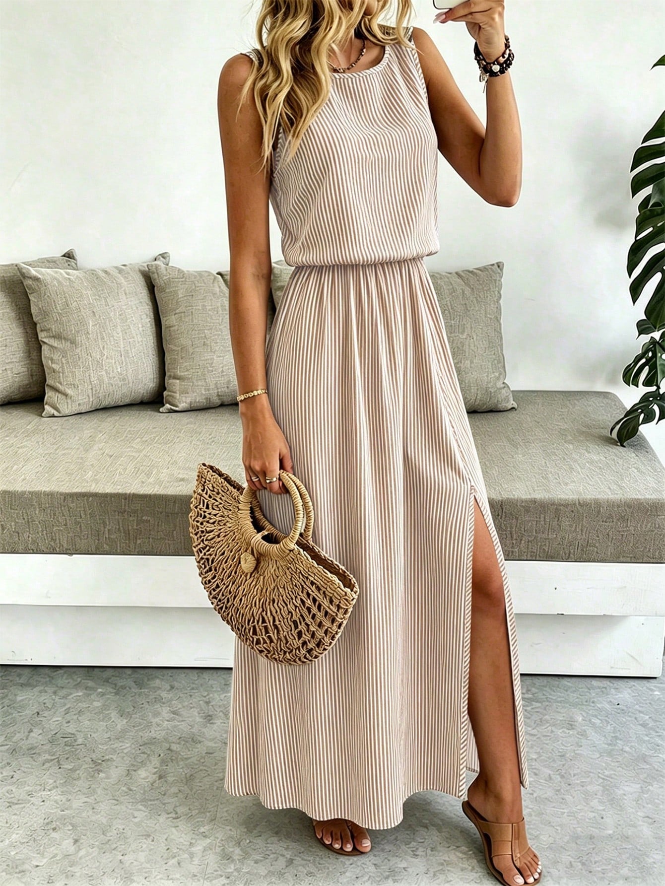 Breezaya Sleeveless Round Neck Solid Color Casual & Commute Dress With Cinched Waist And Split Hem For Women Maxi Women Outfit