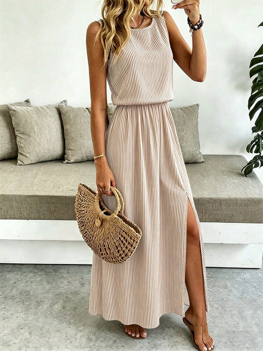 Breezaya Sleeveless Round Neck Solid Color Casual & Commute Dress With Cinched Waist And Split Hem For Women Maxi Women Outfit