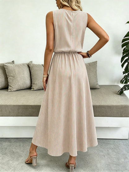 Breezaya Sleeveless Round Neck Solid Color Casual & Commute Dress With Cinched Waist And Split Hem For Women Maxi Women Outfit