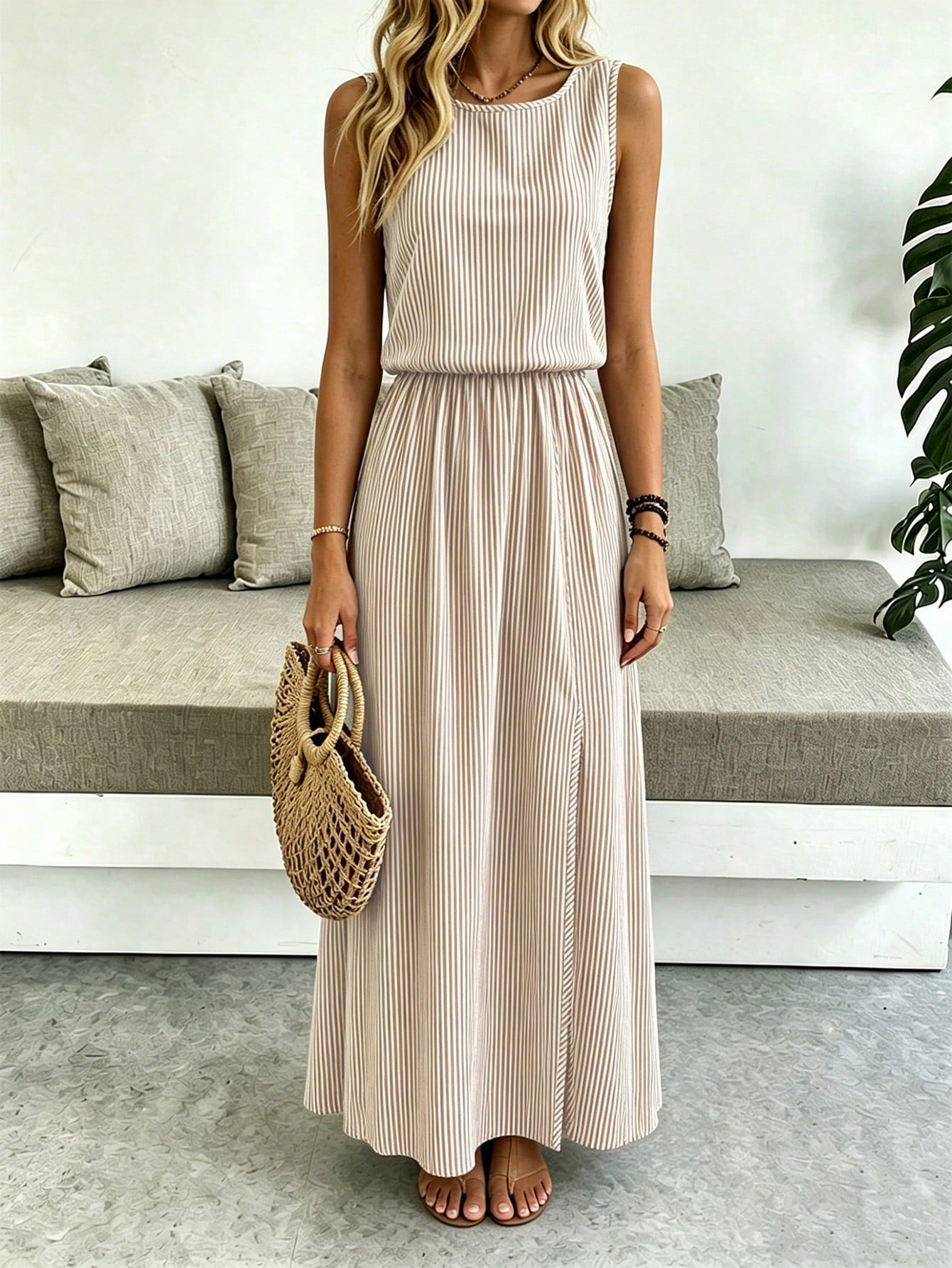 Breezaya Sleeveless Round Neck Solid Color Casual & Commute Dress With Cinched Waist And Split Hem For Women Maxi Women Outfit