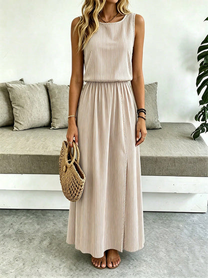 Breezaya Sleeveless Round Neck Solid Color Casual & Commute Dress With Cinched Waist And Split Hem For Women Maxi Women Outfit