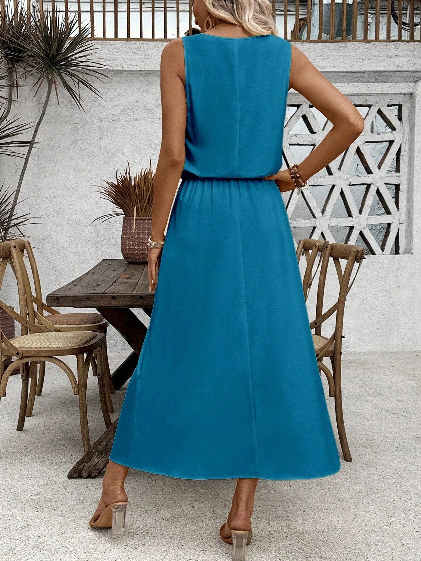 Breezaya Sleeveless Round Neck Solid Color Casual & Commute Dress With Cinched Waist And Split Hem For Women Maxi Women Outfit