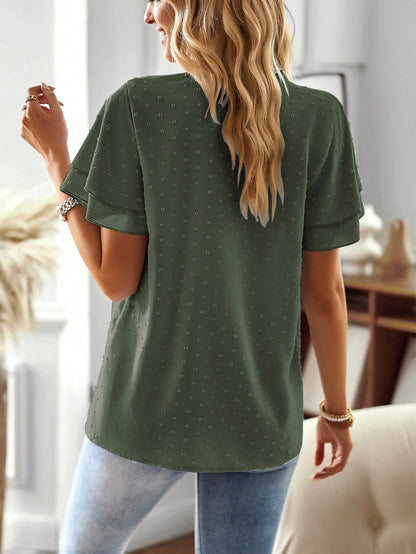 Breezaya Solid Color Lace Patchwork Notched Neckline Shirt,Short Sleeve Tops
