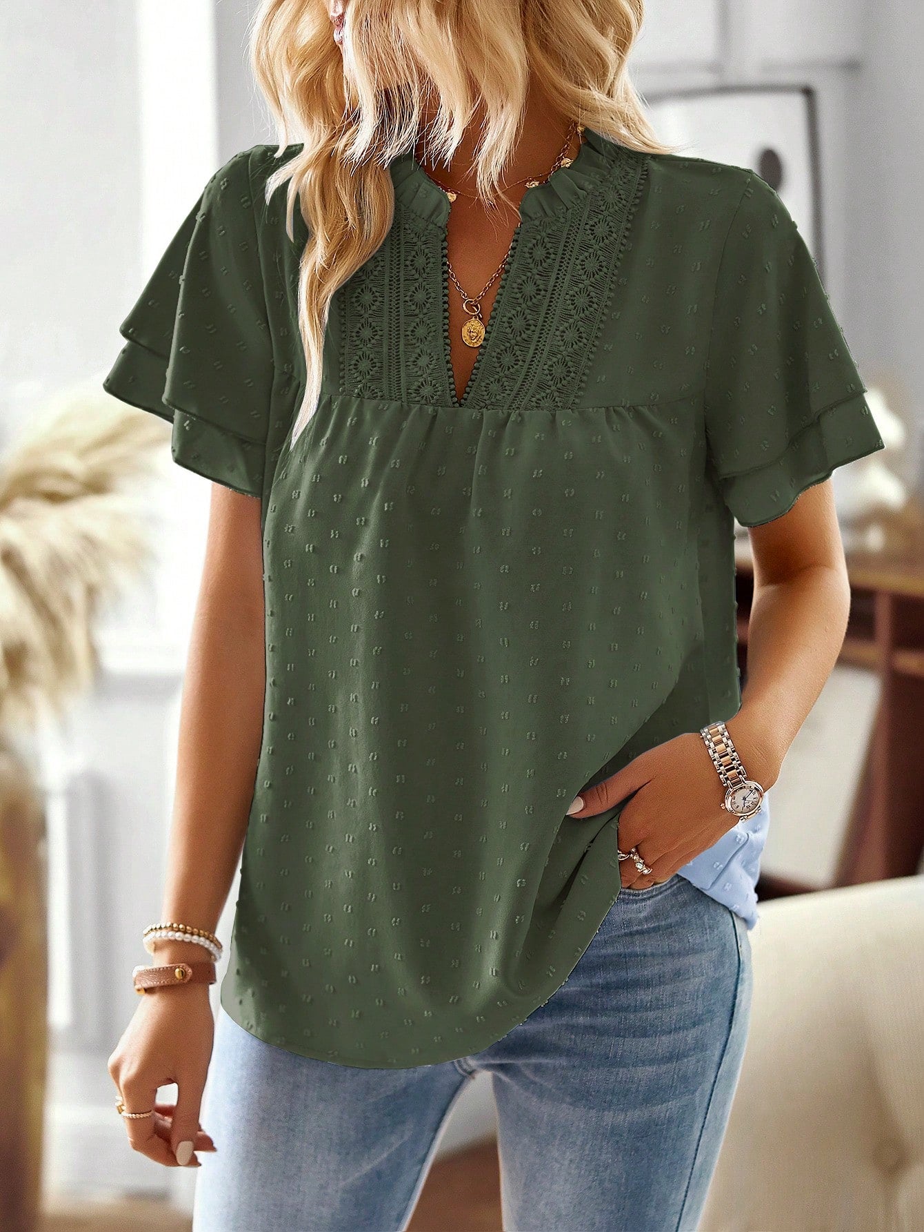Breezaya Solid Color Lace Patchwork Notched Neckline Shirt,Short Sleeve Tops