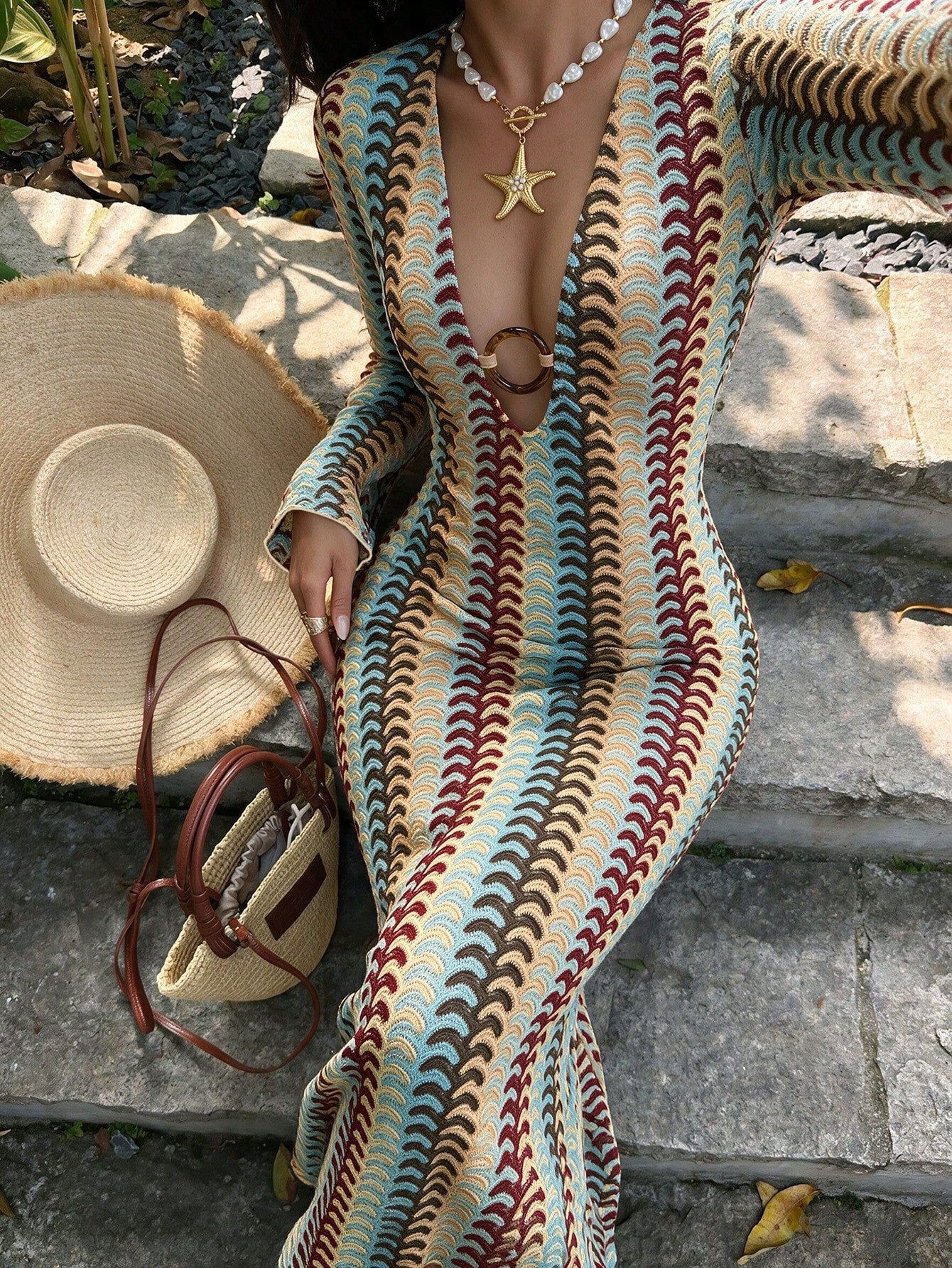 Breezaya Summer Swimwear New Women's Fashion Vacation Elegant Sexy Casual Multi-Color Textured Fabric Ring Decor C-Neck Flare Long Sleeve Dress Cover-Up, Summer Beach Vacation, Casual, Work, Country