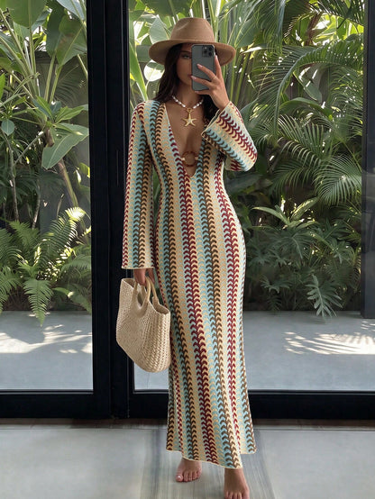 Breezaya Summer Swimwear New Women's Fashion Vacation Elegant Sexy Casual Multi-Color Textured Fabric Ring Decor C-Neck Flare Long Sleeve Dress Cover-Up, Summer Beach Vacation, Casual, Work, Country