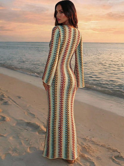 Breezaya Summer Swimwear New Women's Fashion Vacation Elegant Sexy Casual Multi-Color Textured Fabric Ring Decor C-Neck Flare Long Sleeve Dress Cover-Up, Summer Beach Vacation, Casual, Work, Country