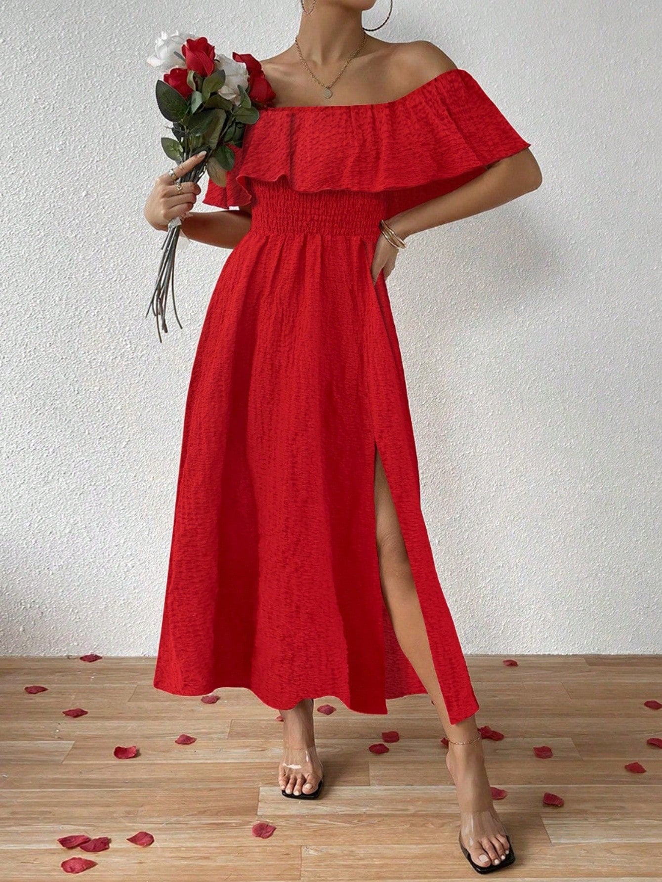 Breezaya Women's Asymmetrical Off Shoulder Ruffle Hem High Slit Dress For New Year Clothes Maxi Women Outfit