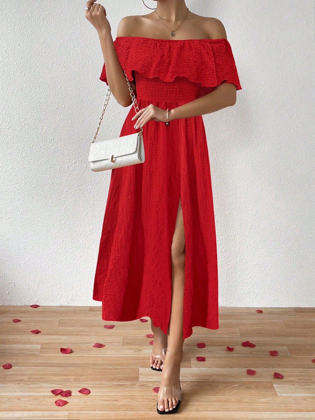 Breezaya Women's Asymmetrical Off Shoulder Ruffle Hem High Slit Dress For New Year Clothes Maxi Women Outfit