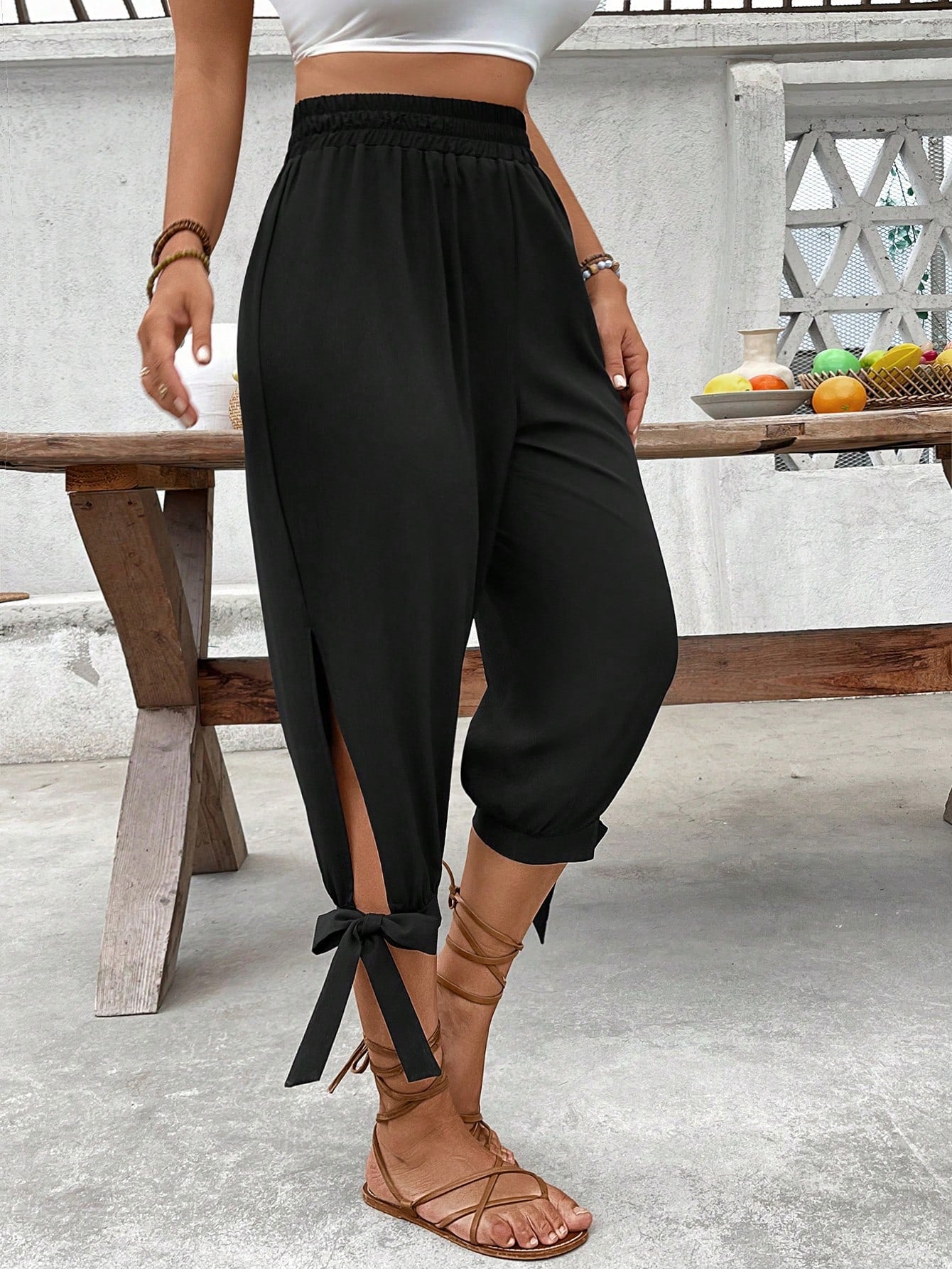 Breezaya Women's Solid Color Pleated Casual Versatile Daily Wear Pants Black Cover Up Pants Zenske Pantalone Women's Black Pants Tie Up Pants Split Hem Pants