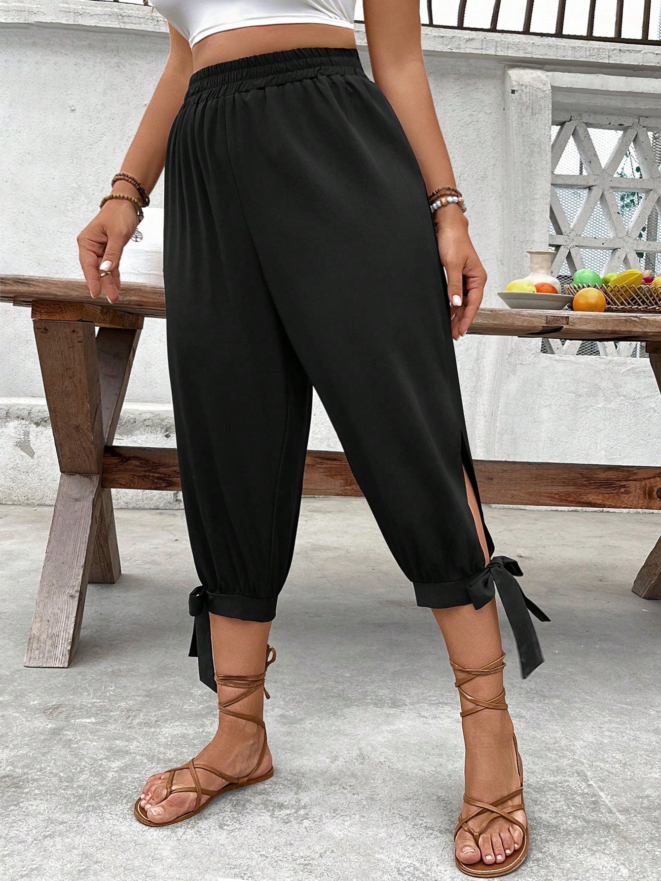Breezaya Women's Solid Color Pleated Casual Versatile Daily Wear Pants Black Cover Up Pants Zenske Pantalone Women's Black Pants Tie Up Pants Split Hem Pants
