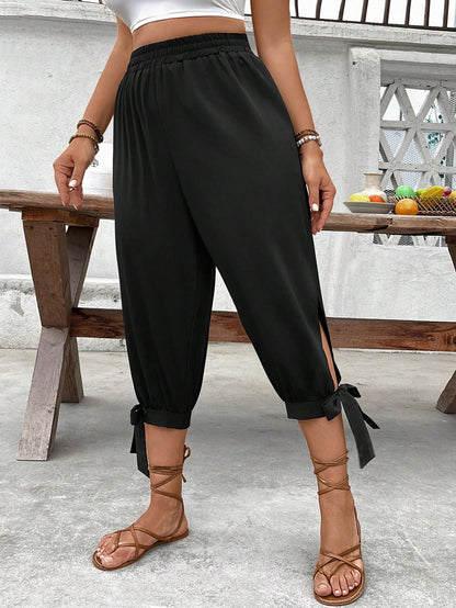Breezaya Women's Solid Color Pleated Casual Versatile Daily Wear Pants Black Cover Up Pants Zenske Pantalone Women's Black Pants Tie Up Pants Split Hem Pants