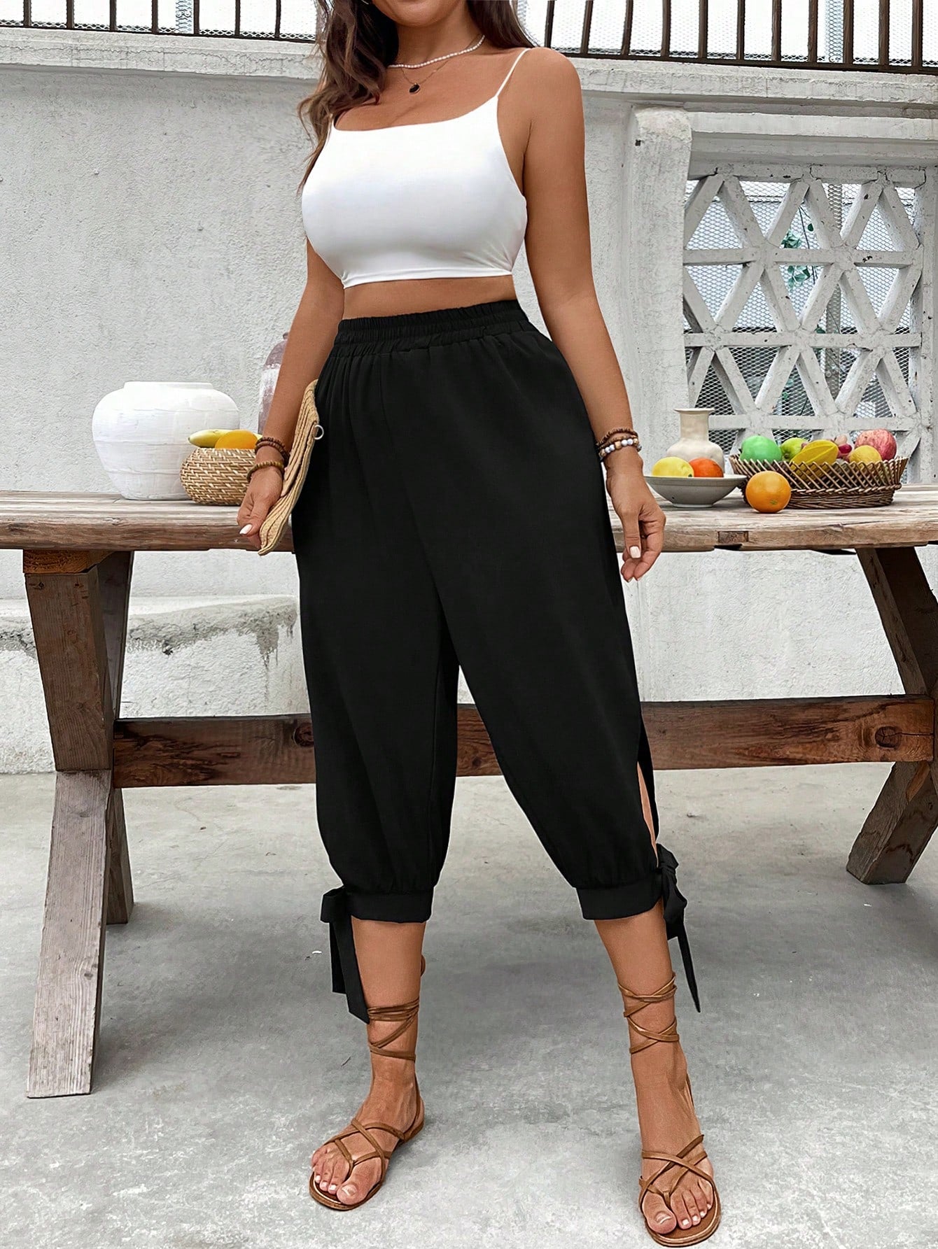 Breezaya Women's Solid Color Pleated Casual Versatile Daily Wear Pants Black Cover Up Pants Zenske Pantalone Women's Black Pants Tie Up Pants Split Hem Pants