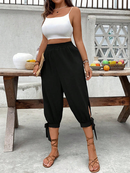 Breezaya Women's Solid Color Pleated Casual Versatile Daily Wear Pants Black Cover Up Pants Zenske Pantalone Women's Black Pants Tie Up Pants Split Hem Pants