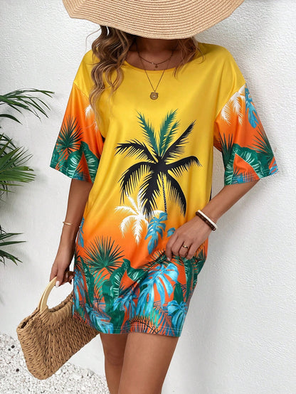 Breezaya Women's Summer Beach Vacation Style Printed Short Sleeve Loose Mini Dress Vacation Beach Outfit