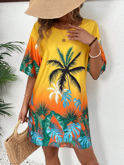 Breezaya Women's Summer Beach Vacation Style Printed Short Sleeve Loose Mini Dress Vacation Beach Outfit