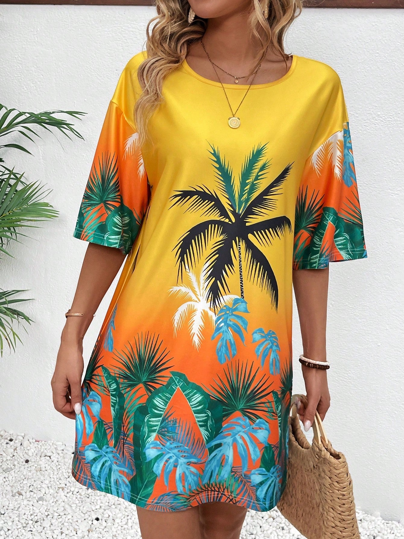 Breezaya Women's Summer Beach Vacation Style Printed Short Sleeve Loose Mini Dress Vacation Beach Outfit