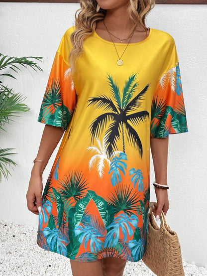 Breezaya Women's Summer Beach Vacation Style Printed Short Sleeve Loose Mini Dress Vacation Beach Outfit