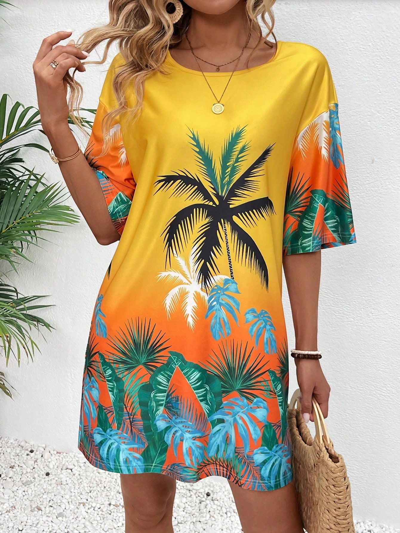 Breezaya Women's Summer Beach Vacation Style Printed Short Sleeve Loose Mini Dress Vacation Beach Outfit