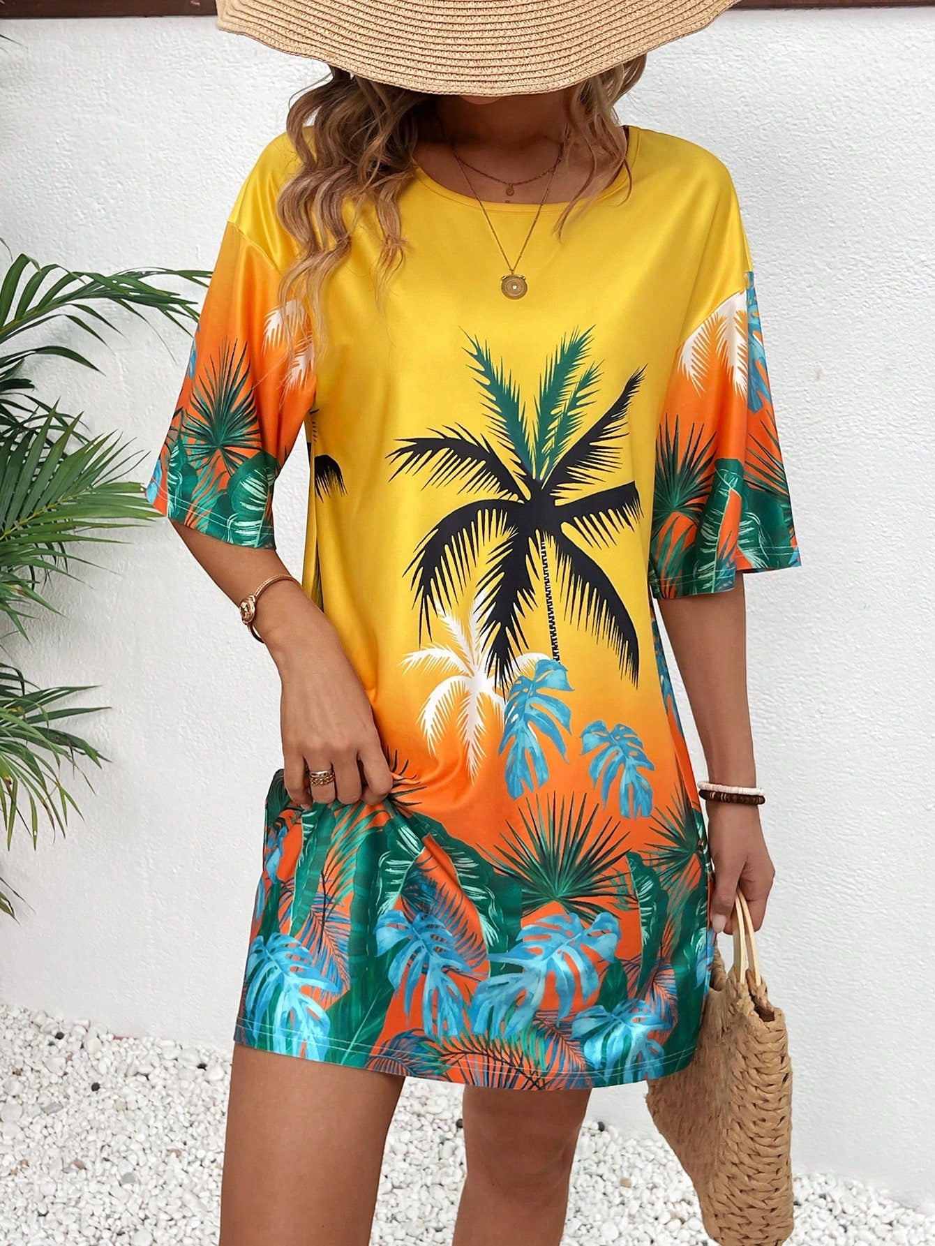 Breezaya Women's Summer Beach Vacation Style Printed Short Sleeve Loose Mini Dress Vacation Beach Outfit