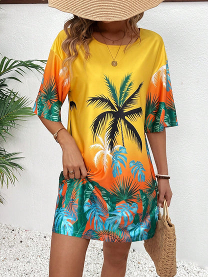 Breezaya Women's Summer Beach Vacation Style Printed Short Sleeve Loose Mini Dress Vacation Beach Outfit