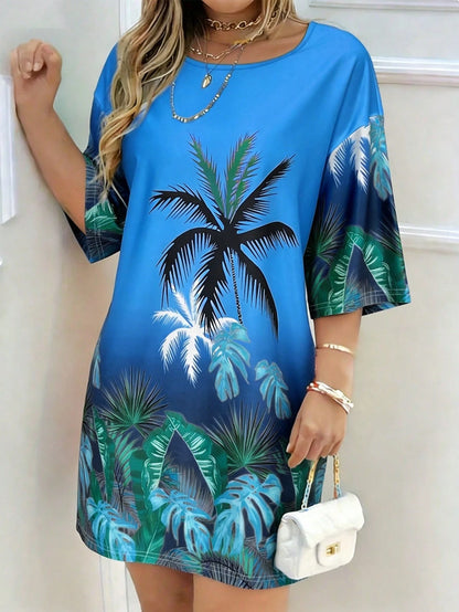 Breezaya Women's Summer Beach Vacation Style Printed Short Sleeve Loose Mini Dress Vacation Beach Outfit