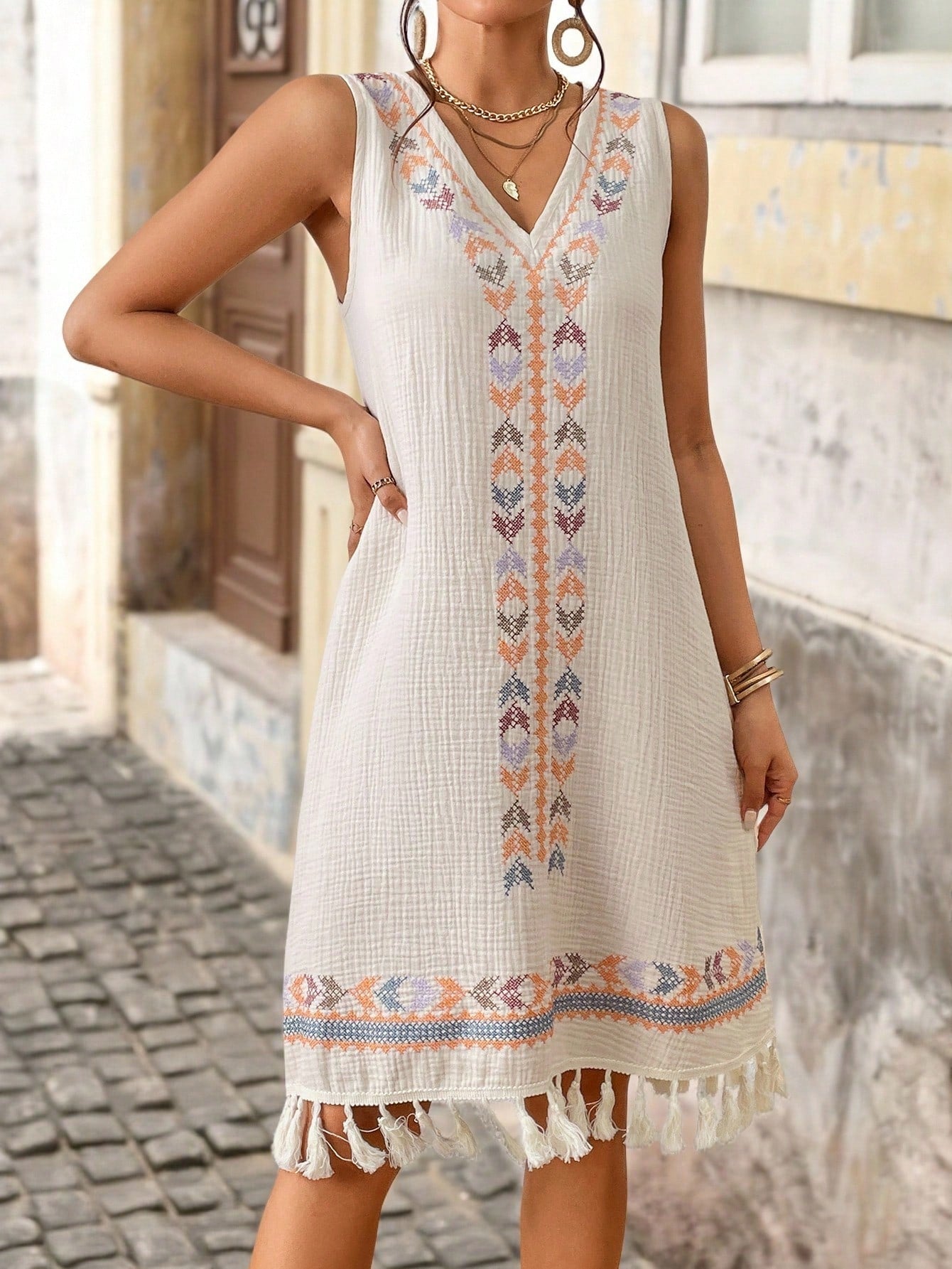 Brillora Summer Boho Geo Print Tassel Hem Dress