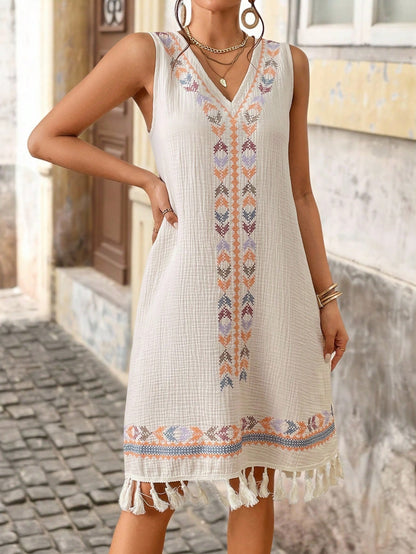 Brillora Summer Boho Geo Print Tassel Hem Dress