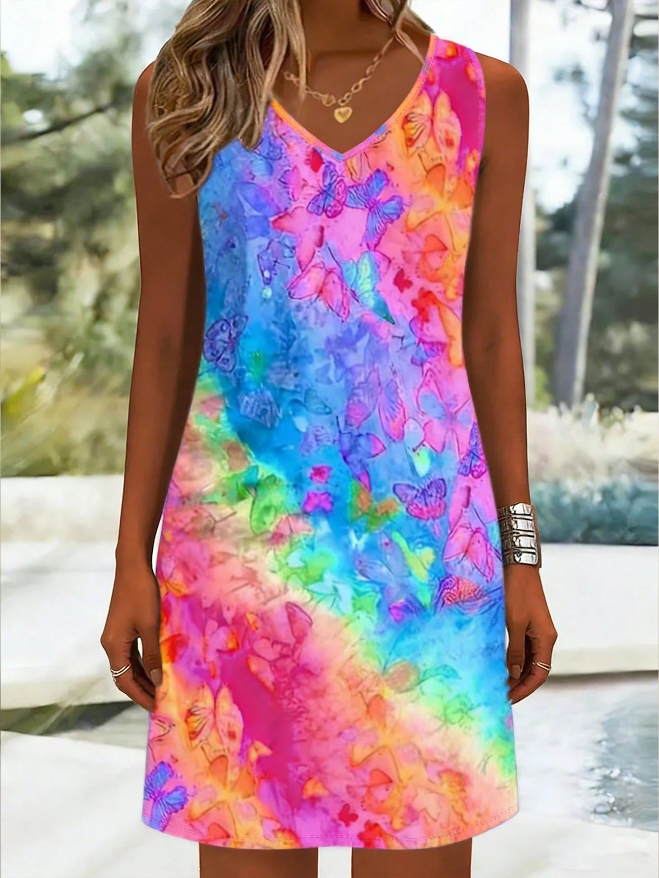 Butterfly Ombre Print Dress, Women's Casual Vacation Daily Wear, Sleeveless V-Neck Dress Summer Elegant