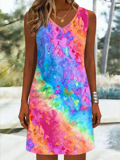 Butterfly Ombre Print Dress, Women's Casual Vacation Daily Wear, Sleeveless V-Neck Dress Summer Elegant