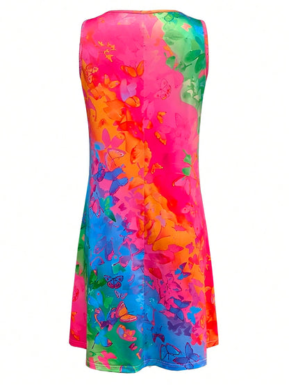 Butterfly Ombre Print Dress, Women's Casual Vacation Daily Wear, Sleeveless V-Neck Dress Summer Elegant