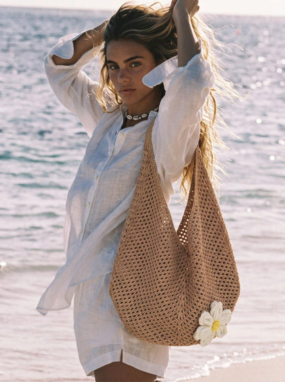 CAJUNI Hollow Woven Tote Bag, Bohemian Style Beach Handbag, Hollow Weave Tote Bag, Large Capacity Casual Beach Bag