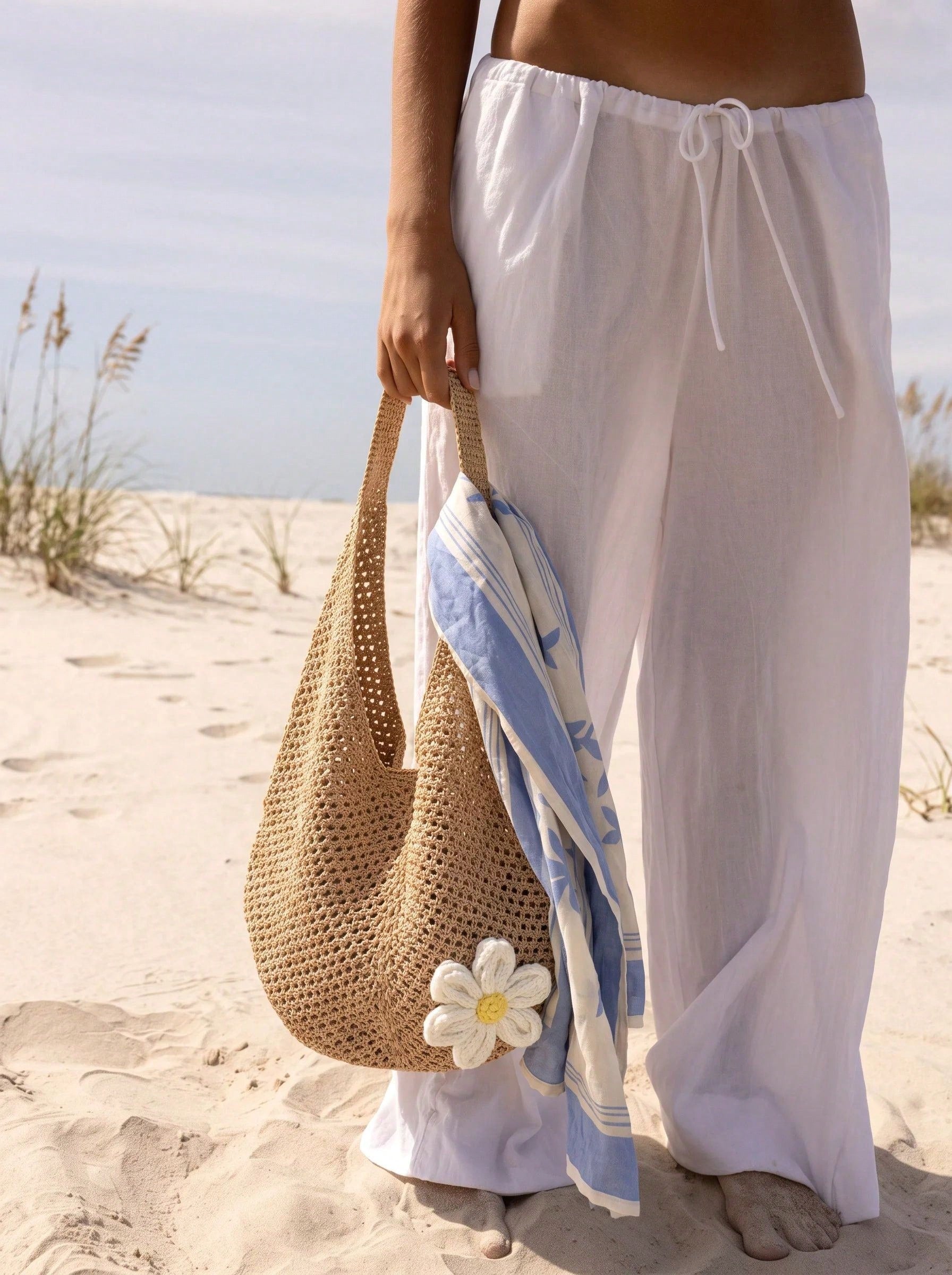 CAJUNI Hollow Woven Tote Bag, Bohemian Style Beach Handbag, Hollow Weave Tote Bag, Large Capacity Casual Beach Bag