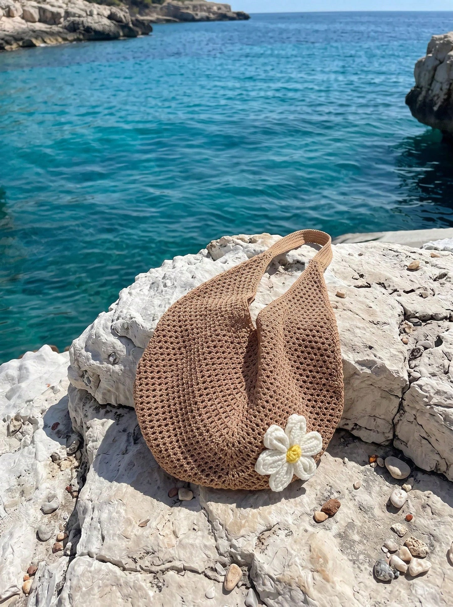 CAJUNI Hollow Woven Tote Bag, Bohemian Style Beach Handbag, Hollow Weave Tote Bag, Large Capacity Casual Beach Bag