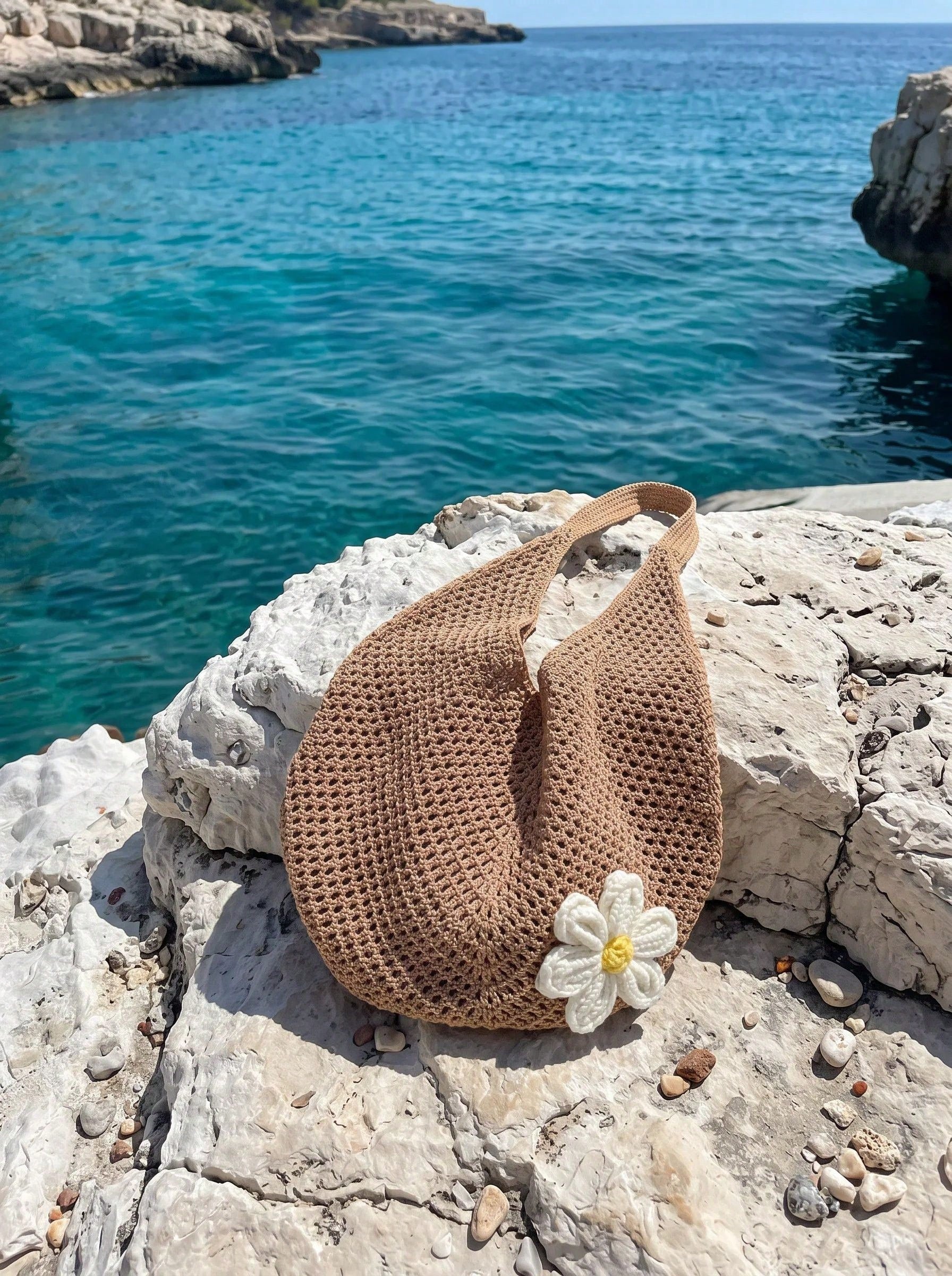 CAJUNI Hollow Woven Tote Bag, Bohemian Style Beach Handbag, Hollow Weave Tote Bag, Large Capacity Casual Beach Bag