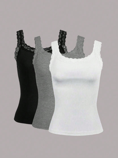 Calvaya Plus Size Women Solid Color Contrast Lace Round Neck Casual Tank Top For Summer