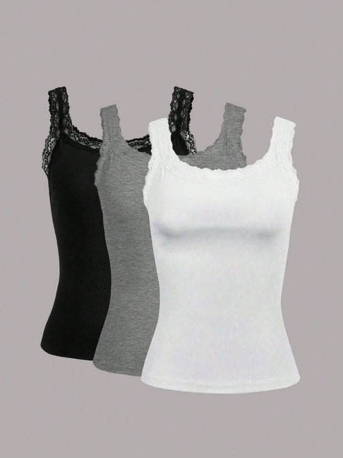 Calvaya Plus Size Women Solid Color Contrast Lace Round Neck Casual Tank Top For Summer